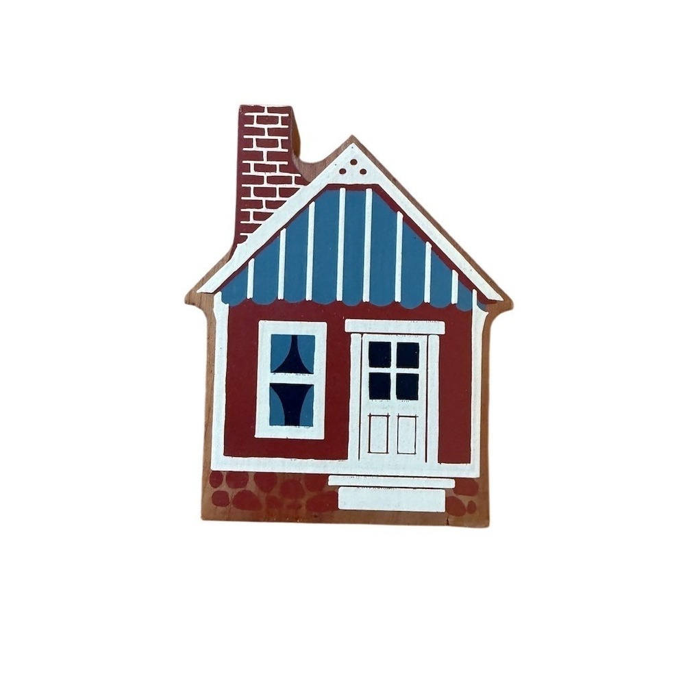 The Cat's Meow Village House Figurine Red Cottage Blue Striped Roof 4.25in folk
